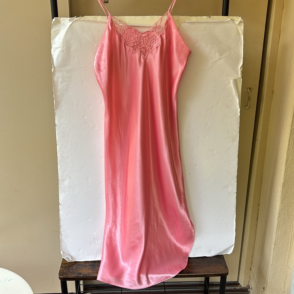 Vintage 90s Slip Dress Barbie Pink Girly Coquette Midi Lace Floral Medium 80’s M - Picture 12 of 17